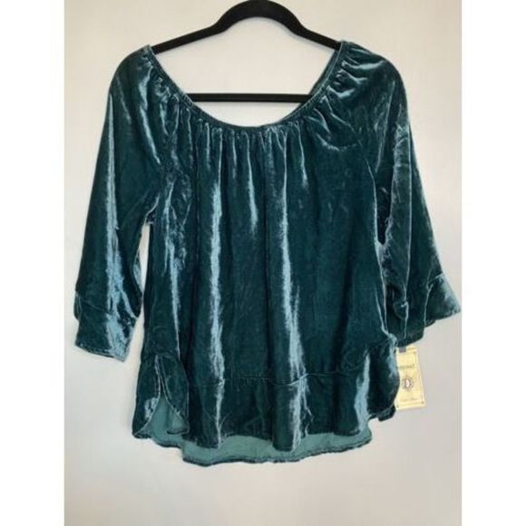 NWT Democracy Rayon/Nylon Green Velvet Velour Elastic Neck Blouse Top Size Small - Picture 2 of 5